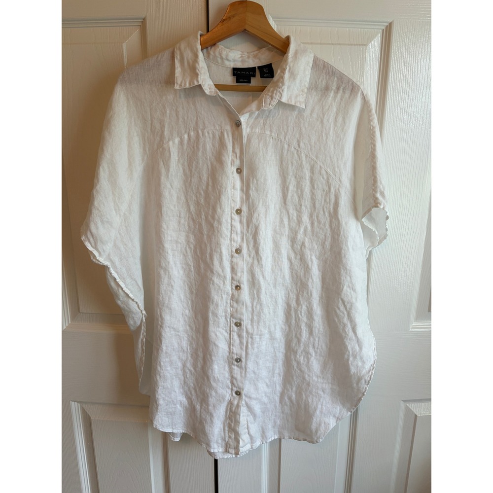 Tahari Womens White 100% Linen Short Sleeve Button Down Shirt Oversized Small